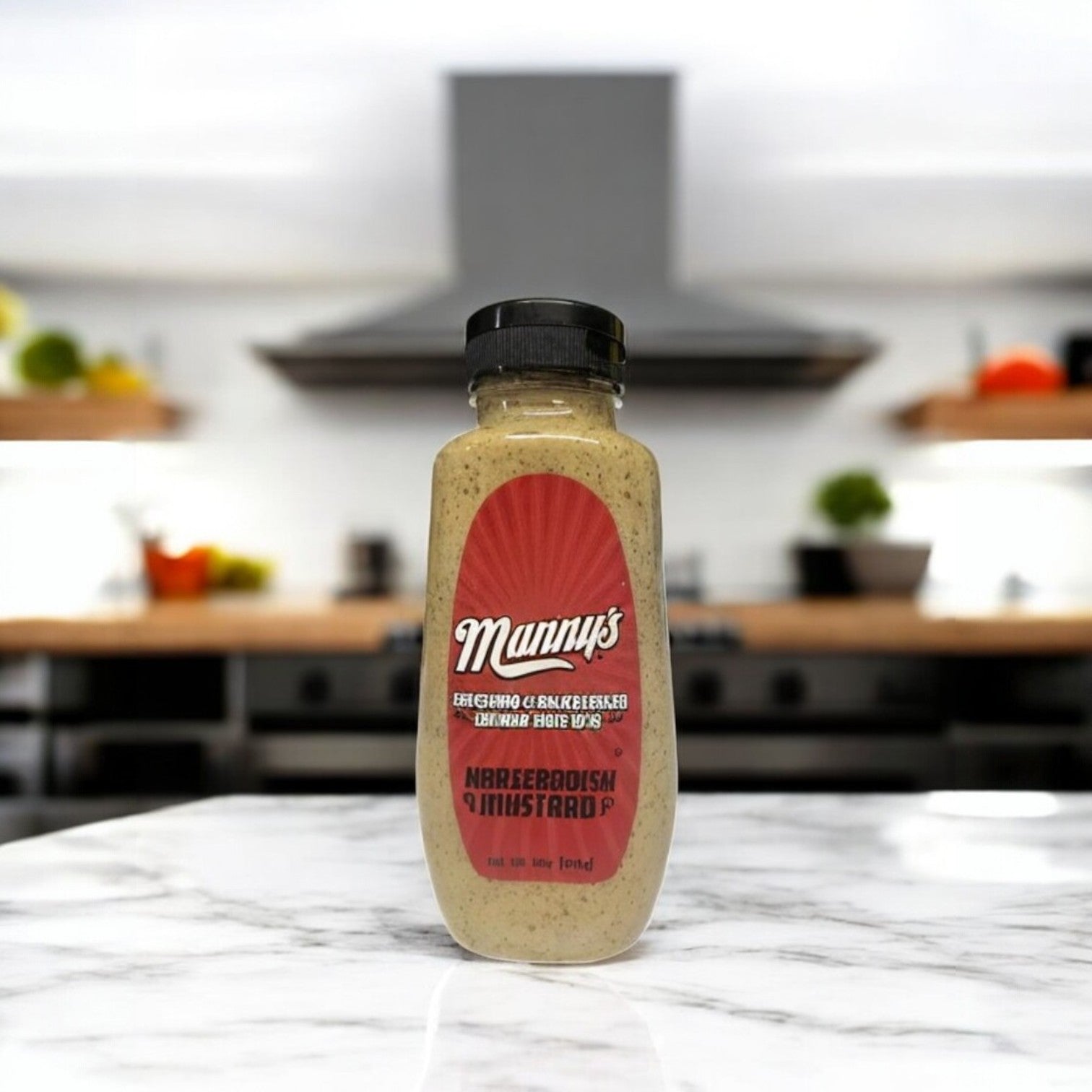 A set of Manny's 4 Count Combo! rests on a marble countertop in a modern kitchen, ready to elevate your Chicago deli experience with its fiery twist—perfect for adding bold flavor to corned beef sandwiches or any classic deli fare.