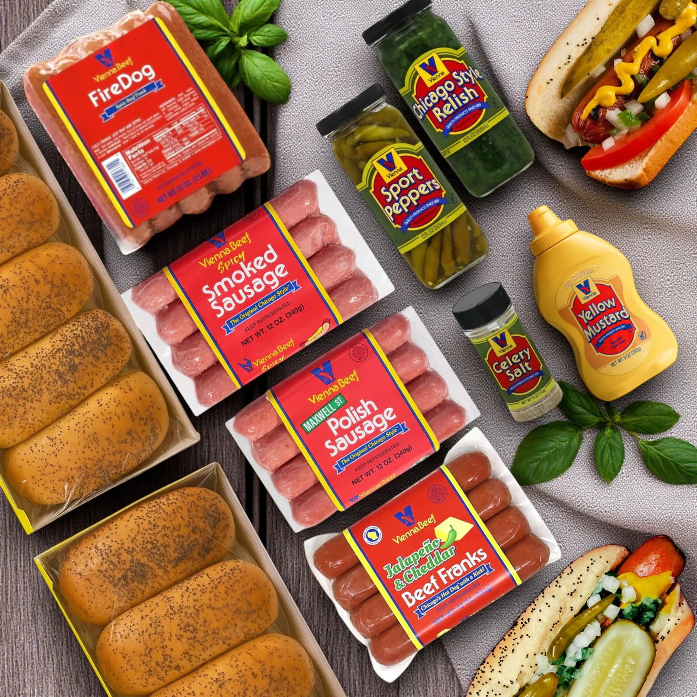 Vienna Beef Variety Hot Dog Complete Kit –Serves 20! Vienna Beef & Classic Toppings
