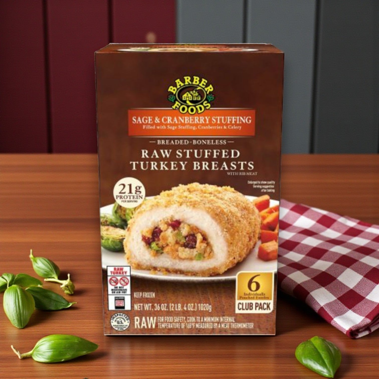 Barber Foods Stuffed Chicken & Turkey Combo Pack – 3 Varieties! from Sam's Club is displayed with green vegetables and a red-checkered napkin—perfect for a delicious dinner option.