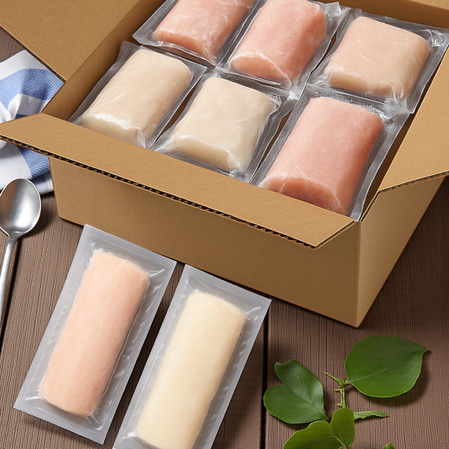 A case of Alfa International Mahi Mahi Portions, boneless & skinless (6 oz, 10 lb), is shown with two vacuum-sealed packs of frozen seafood placed in front on a wooden surface.