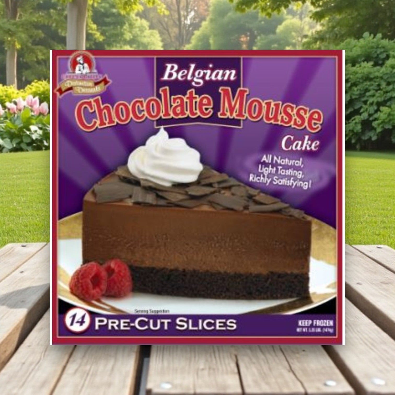 A box of Easy Lunches Frozen Chef’s Quality Belgian Chocolate Mousse Cake (10", 14 slices) is shown outdoors on a wooden surface, with a slice topped with whipped cream and chocolate shavings pictured on the front.
