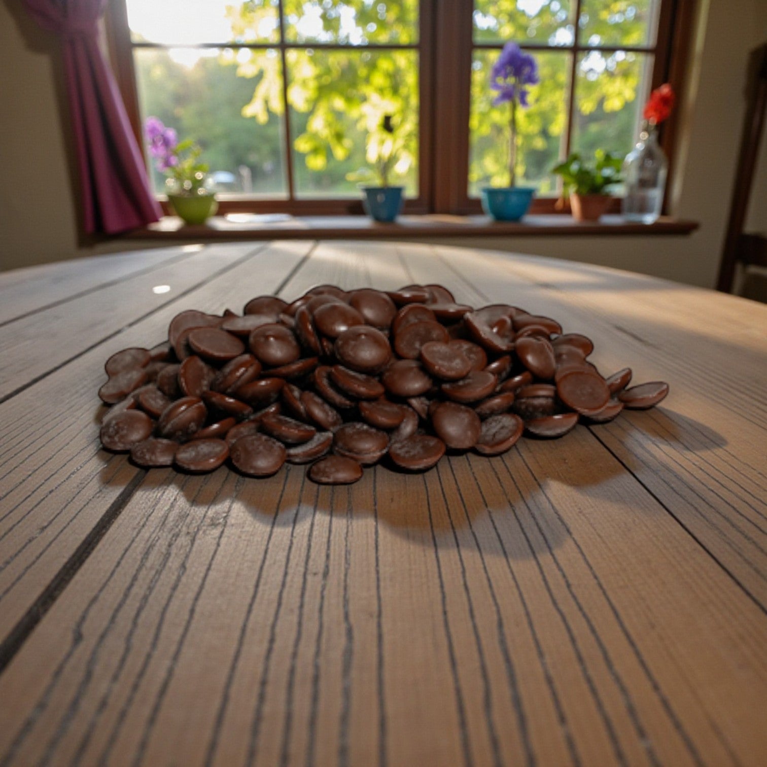 Callebaut Chocolate Dark Callets 53.1% by Callebaut are displayed on a wooden table, with potted plants and a window in the background.