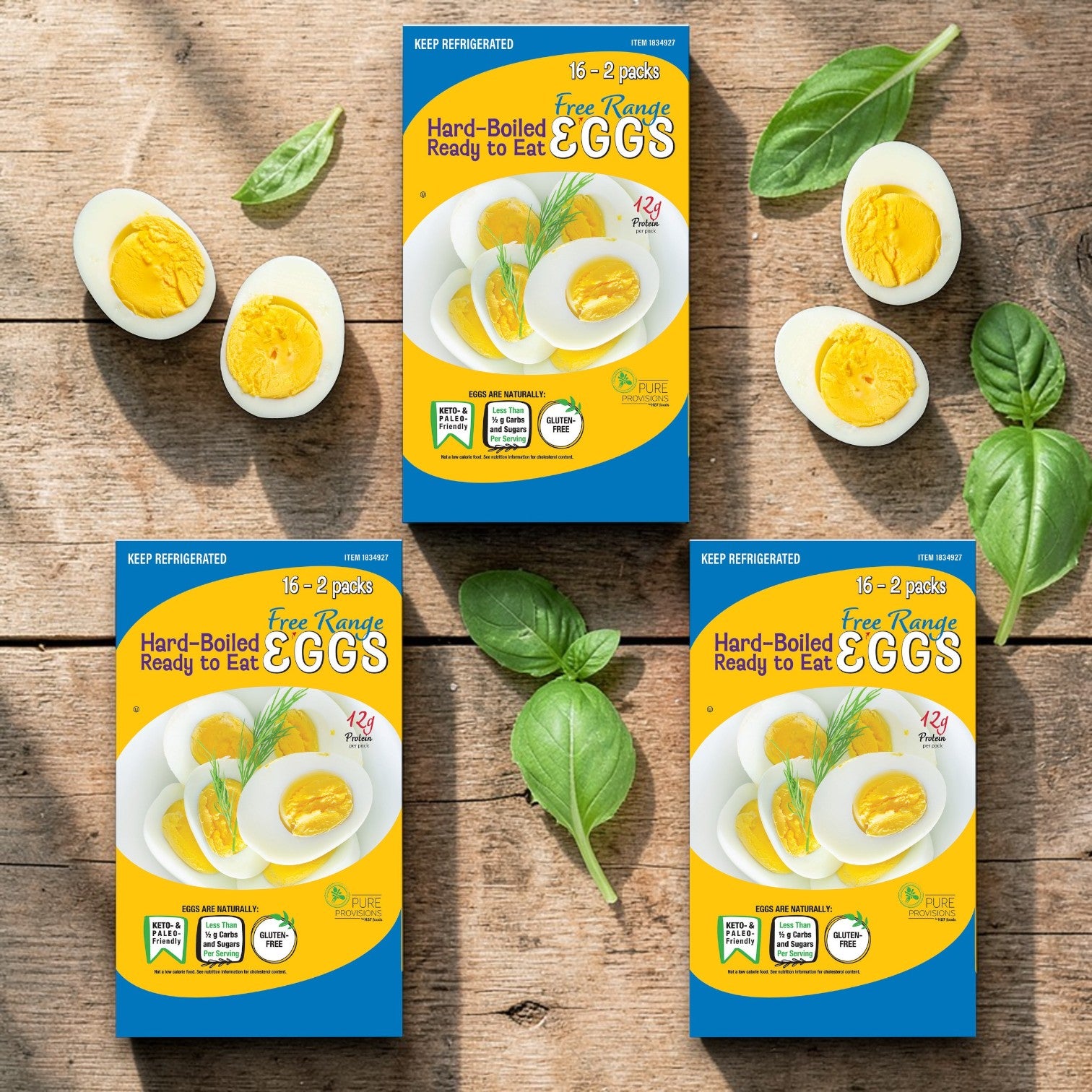 Pure Provisions Hard Boiled Eggs, Free Range – 3 Boxes (16 Packs Each)