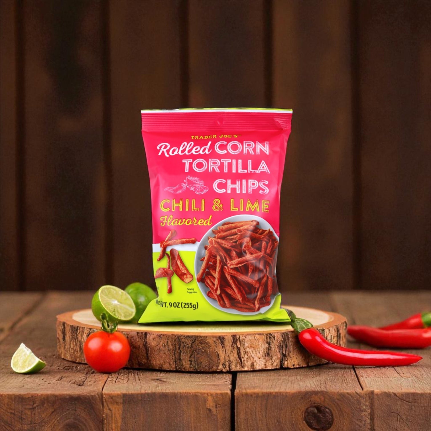 Trader Joe's Chili & Lime Flavored Rolled Corn Tortilla Chips 9 oz - 3 Count