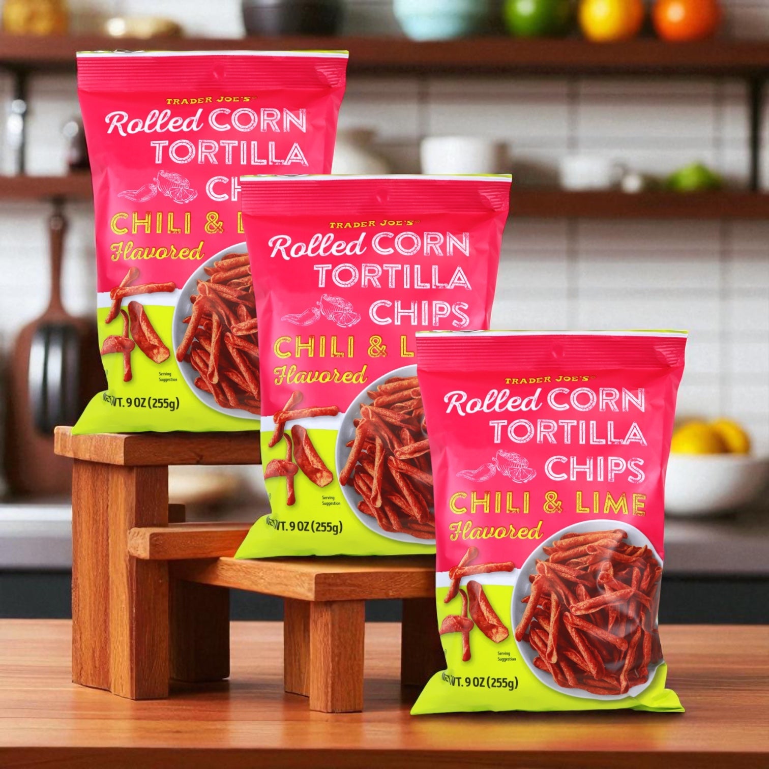Trader Joe's Chili & Lime Flavored Rolled Corn Tortilla Chips 9 oz - 3 Count