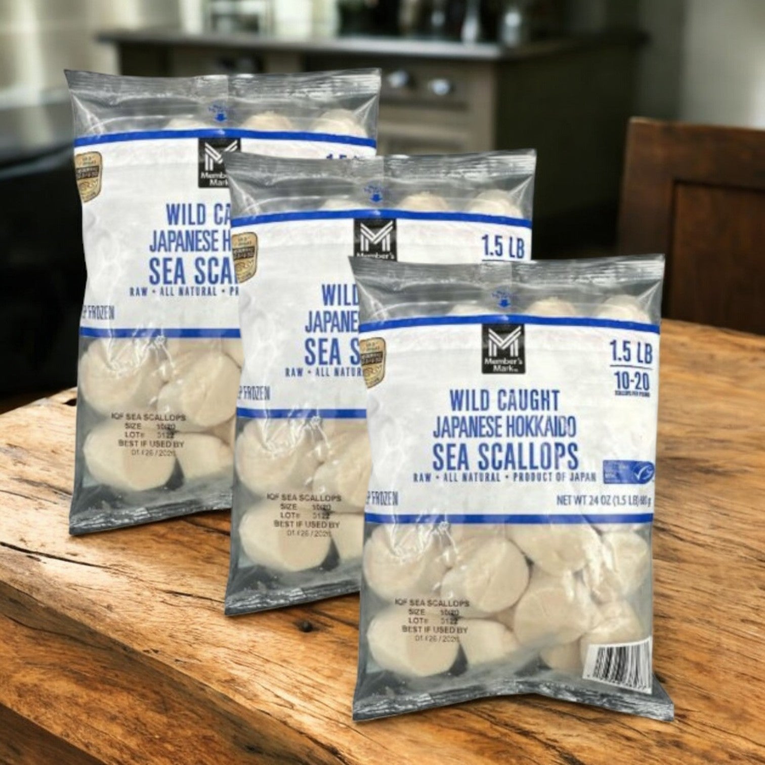 Member's Mark Wild Caught Sea Scallops, Frozen, 10-20 Count- 4.5 Ibs- 3 Bags