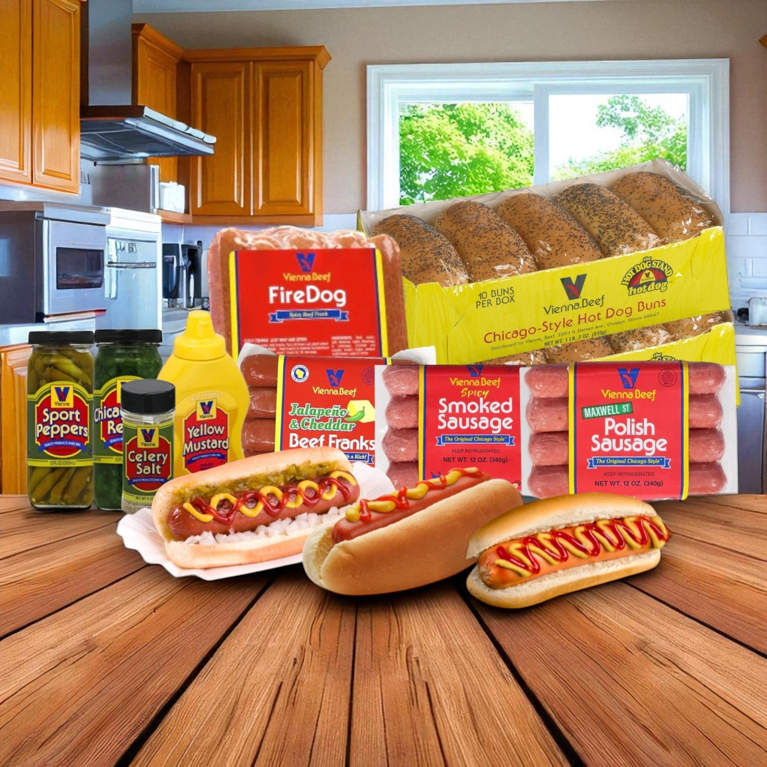 Vienna Beef Variety Hot Dog Complete Kit –Serves 20! Vienna Beef & Classic Toppings