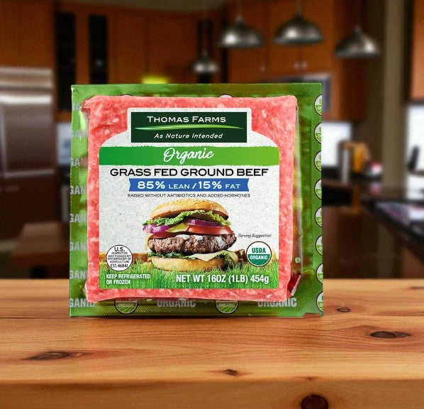Thomas Farms Organic Grass Fed Ground Beef, 85% Lean 15% Fat- 1 Ib