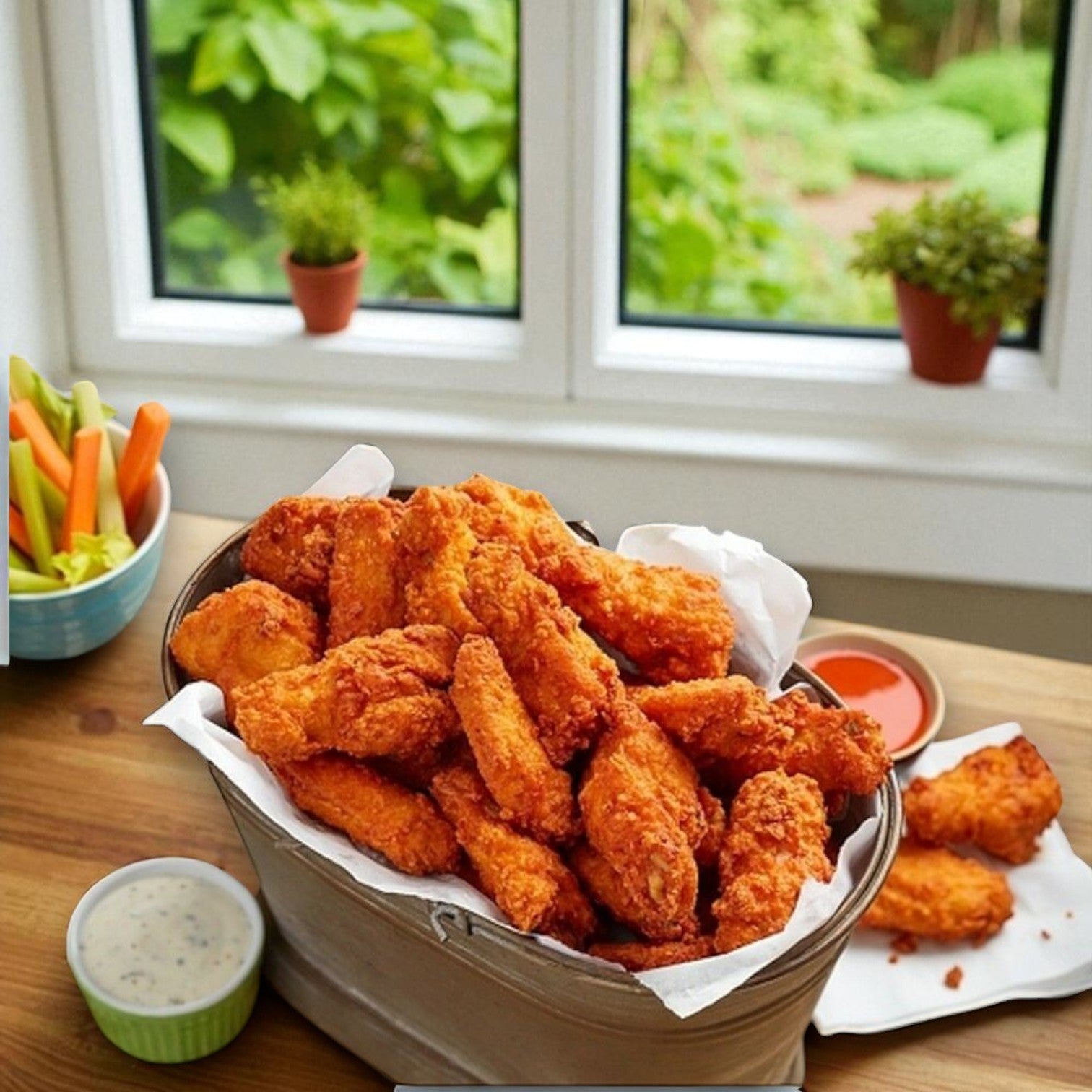 A bucket of Restaurant Depot Breaded Original Mild Halal Chicken Wings (fully cooked, 10 lbs) sits on a wooden table with ranch dip, hot sauce, and vegetable sticks, framed by a window and plants in the background.