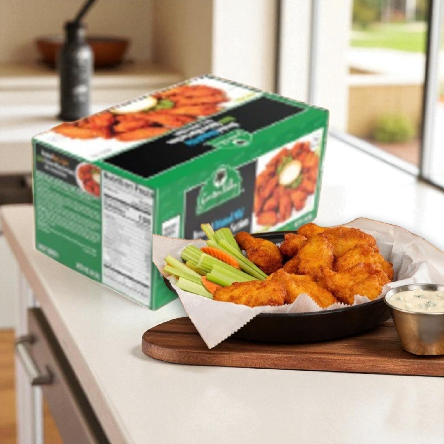 A 10 lb box of Restaurant Depot Breaded Original Mild Halal Chicken Wings, fully cooked, sits on the counter beside a plate of wings, celery, and ranch—ideal for serving delicious halal chicken at your next gathering.