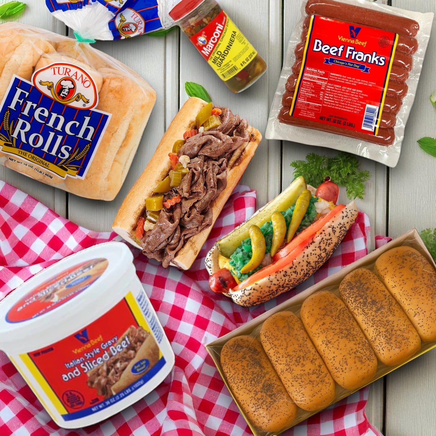 Vienna Beef & Turano Chicago-Style Meal Kit –16 Italian Beef, 16 Hot Dogs & Rolls