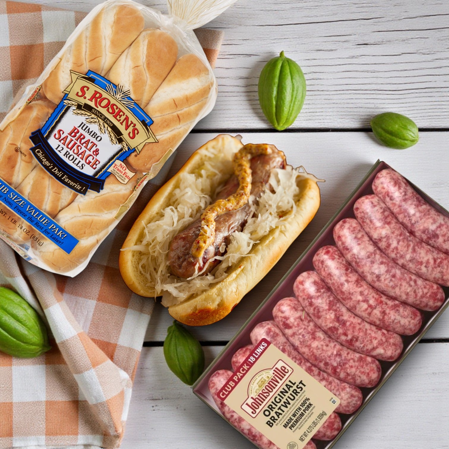 Johnsonville Original Pork Bratwurst (18 Links) & S. Rosen’s Jumbo Brat & Sausage Rolls (12 Count) Combo Pack