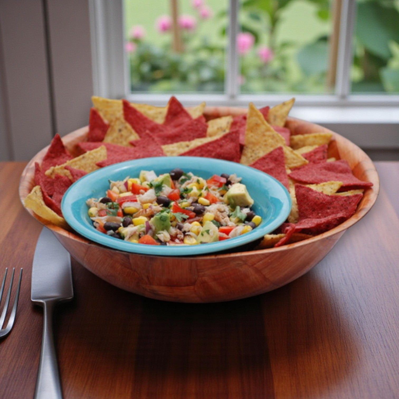 A wooden bowl of red and yellow tortilla chips surrounds a blue bowl of mixed bean and vegetable salsa topped with Sea Wings Pasteurized Claw Crab Meat, set on a wooden table by a window.