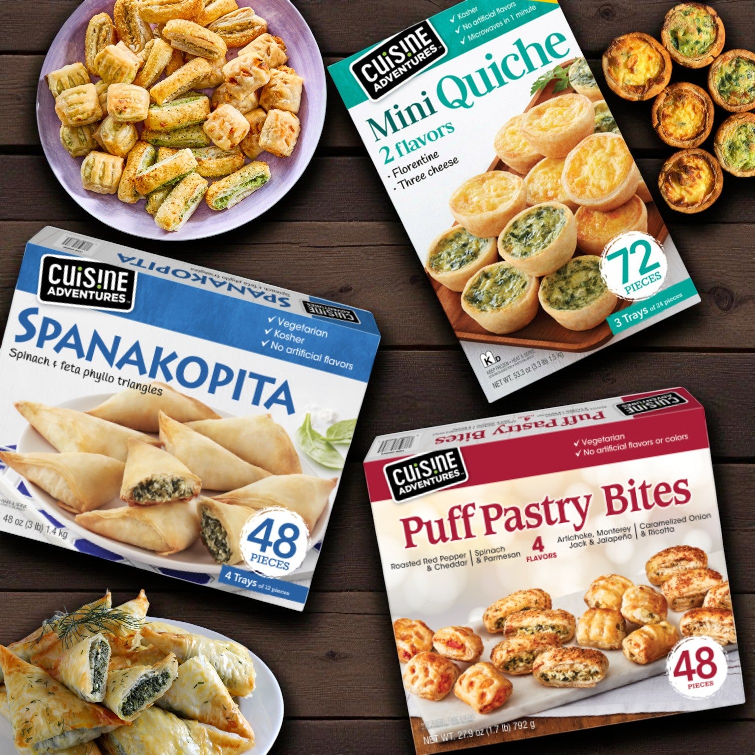 Cuisine Adventures 3-Pack Appetizer Combo – Puff Pastry Bites, Mini Quiche & Spanakopita