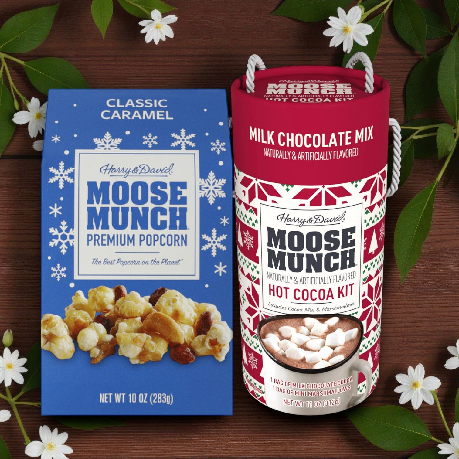 Harry & David Classic Caramel Moose Munch Popcorn (10 oz) & Harry & David Milk Chocolate Hot Cocoa Mix Kit (11 oz)