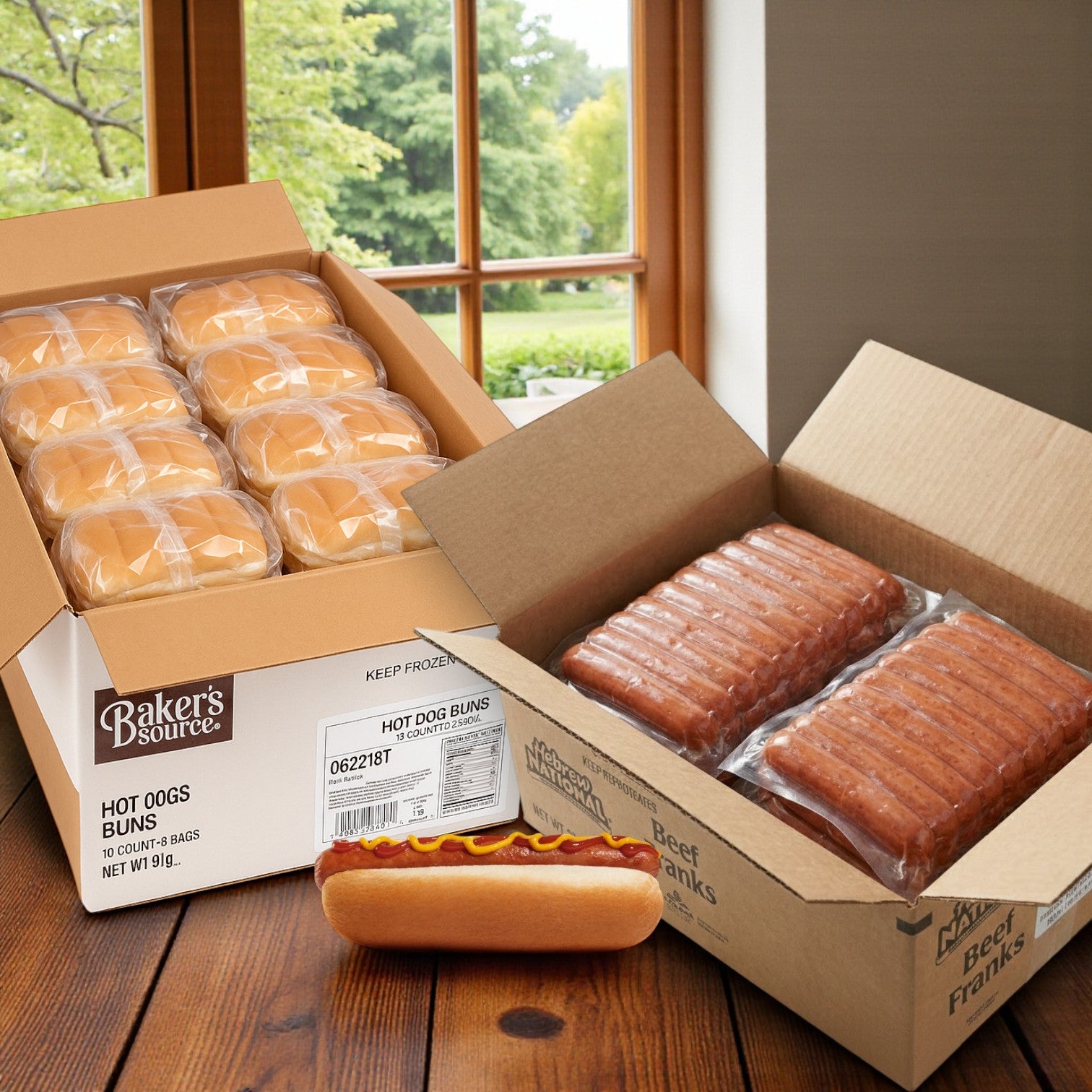 Two open boxes—a bag of hot dog buns and a pack of Hebrew National All Beef Frankfurters—sit on a table by a window. A prepared hot dog in a bun is displayed in the foreground.