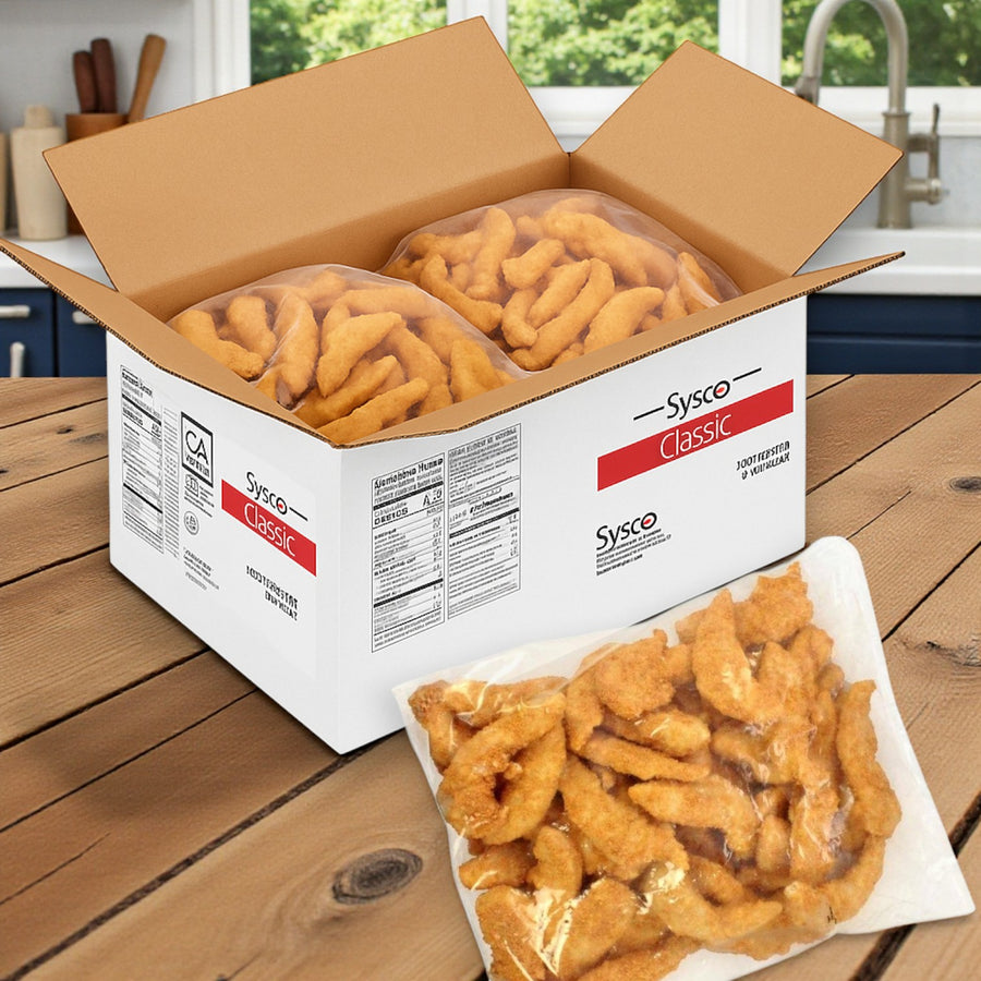 Open a Sysco Classic box of Halal Gluten-Free Breaded Chicken Tenders (2/5 lb packs, 10 lb total), with vacuum-sealed packs arranged on a wooden kitchen table near a window and sink.