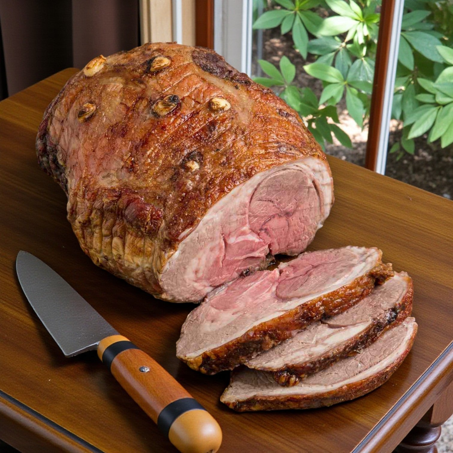 A partially sliced Butchers Block Boneless Halal Lamb Leg – Frozen (5/6 to 26 lb average) rests on a wooden table next to a chef’s knife, with a window and greenery in the background.