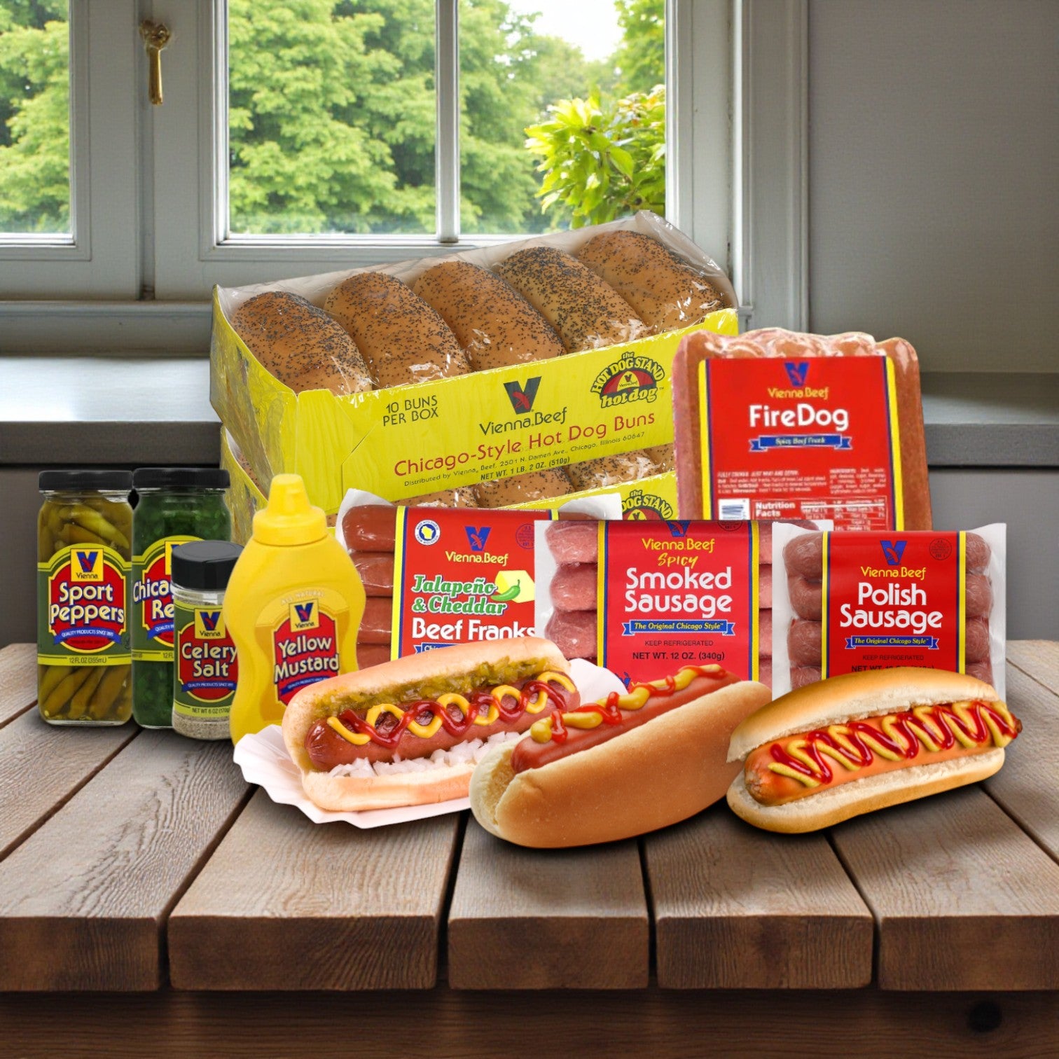 Vienna Beef Variety Hot Dog Complete Kit –Serves 20! Vienna Beef & Classic Toppings