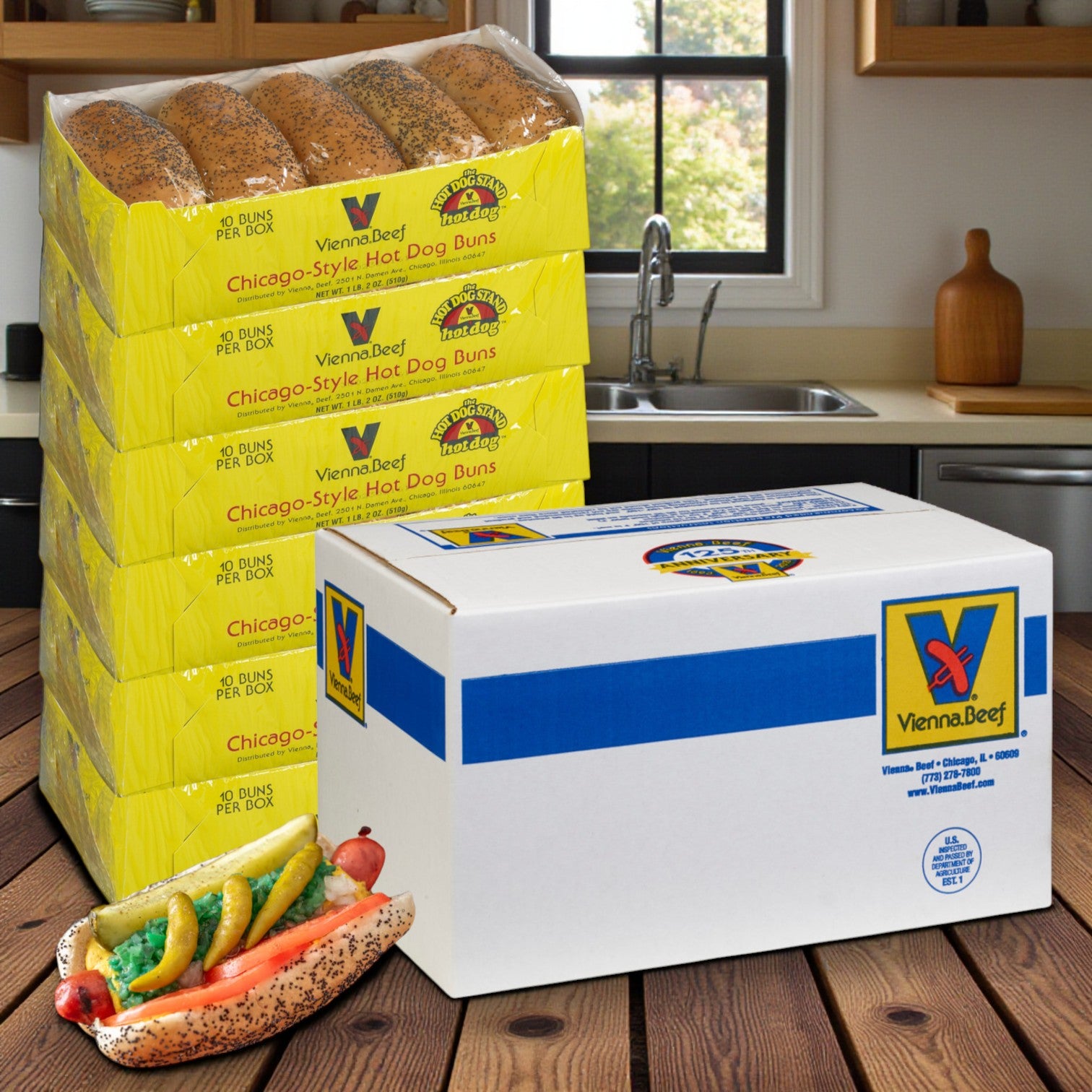 Vienna Beef Natural Casing Hot Dogs & Poppy Seed Buns Combo! 100 Hot Dogs and 100 Buns!