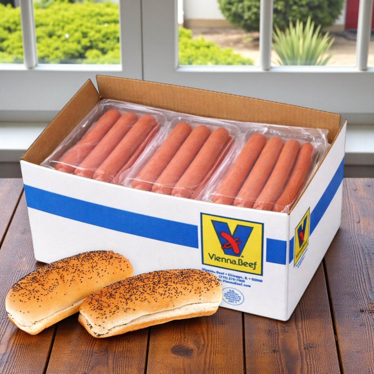 Vienna Beef Natural Casing Hot Dogs & Poppy Seed Buns Combo! 100 Hot Dogs and 100 Buns!