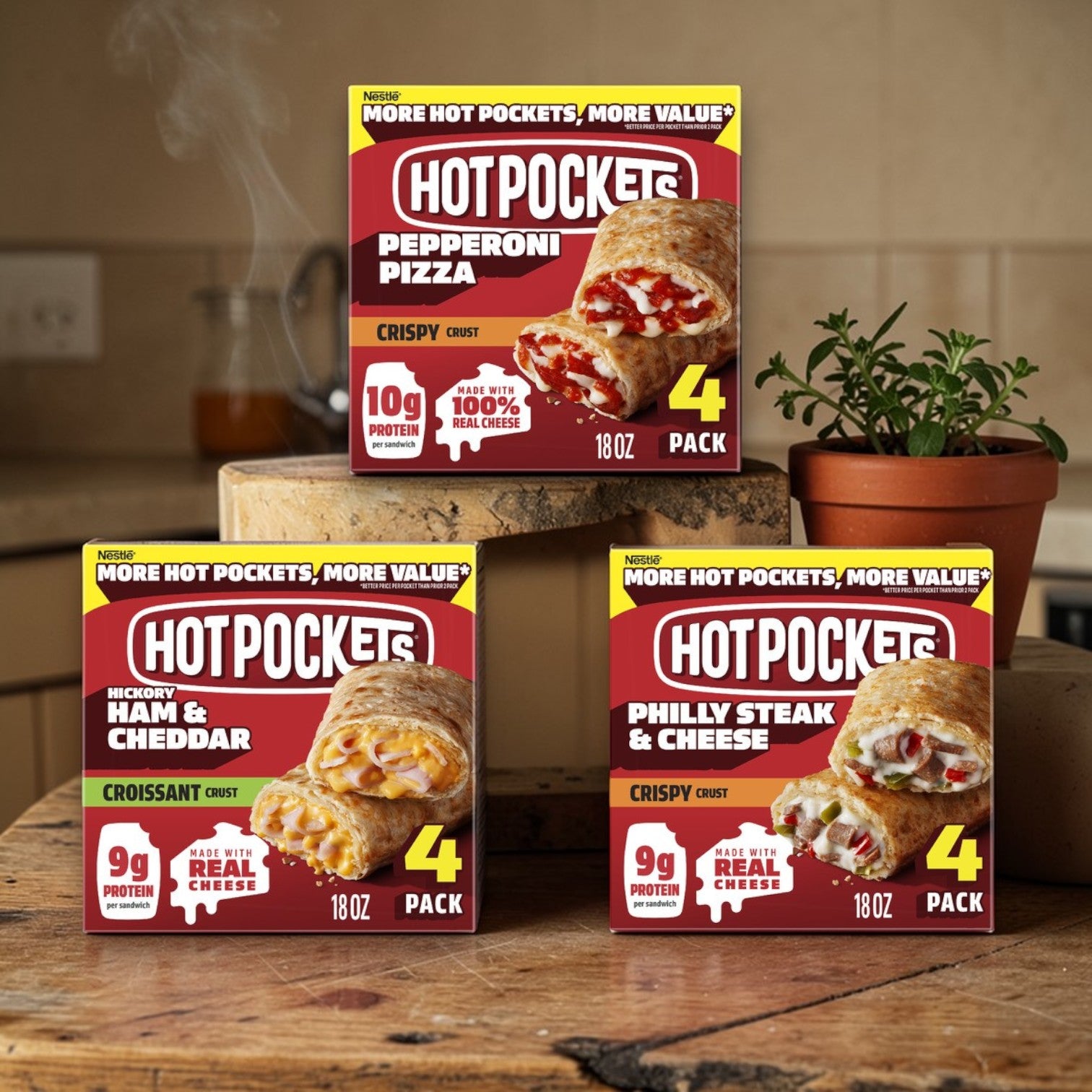 Hot Pockets Variety Pack – Pepperoni, Ham & Cheddar, Philly Steak & Cheese (18 oz Each)