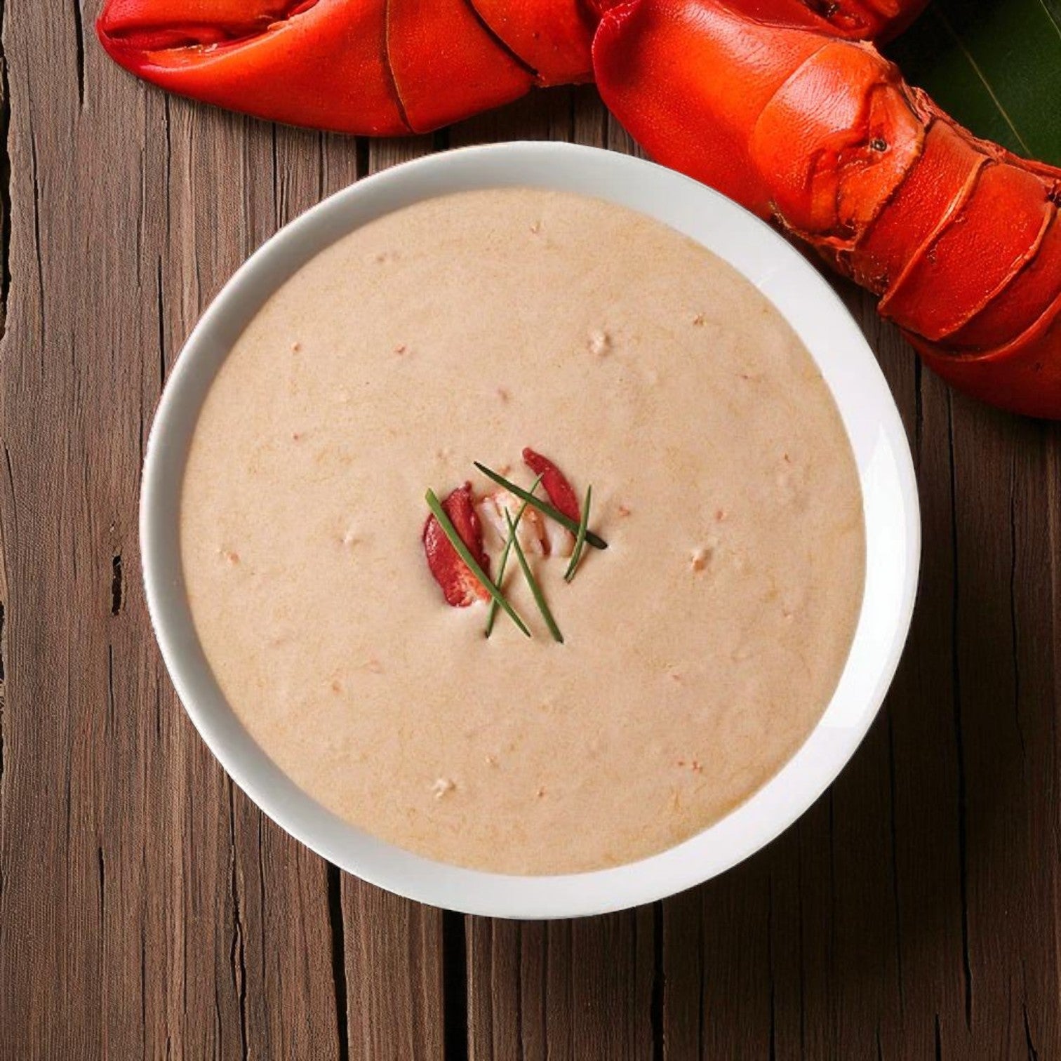 A bowl of Blount Frozen Lobster Bisque by Blount Fine Foods, a rich and creamy gourmet soup ready to heat and serve, is garnished with chives and lobster meat on a wooden surface next to lobster shell pieces.