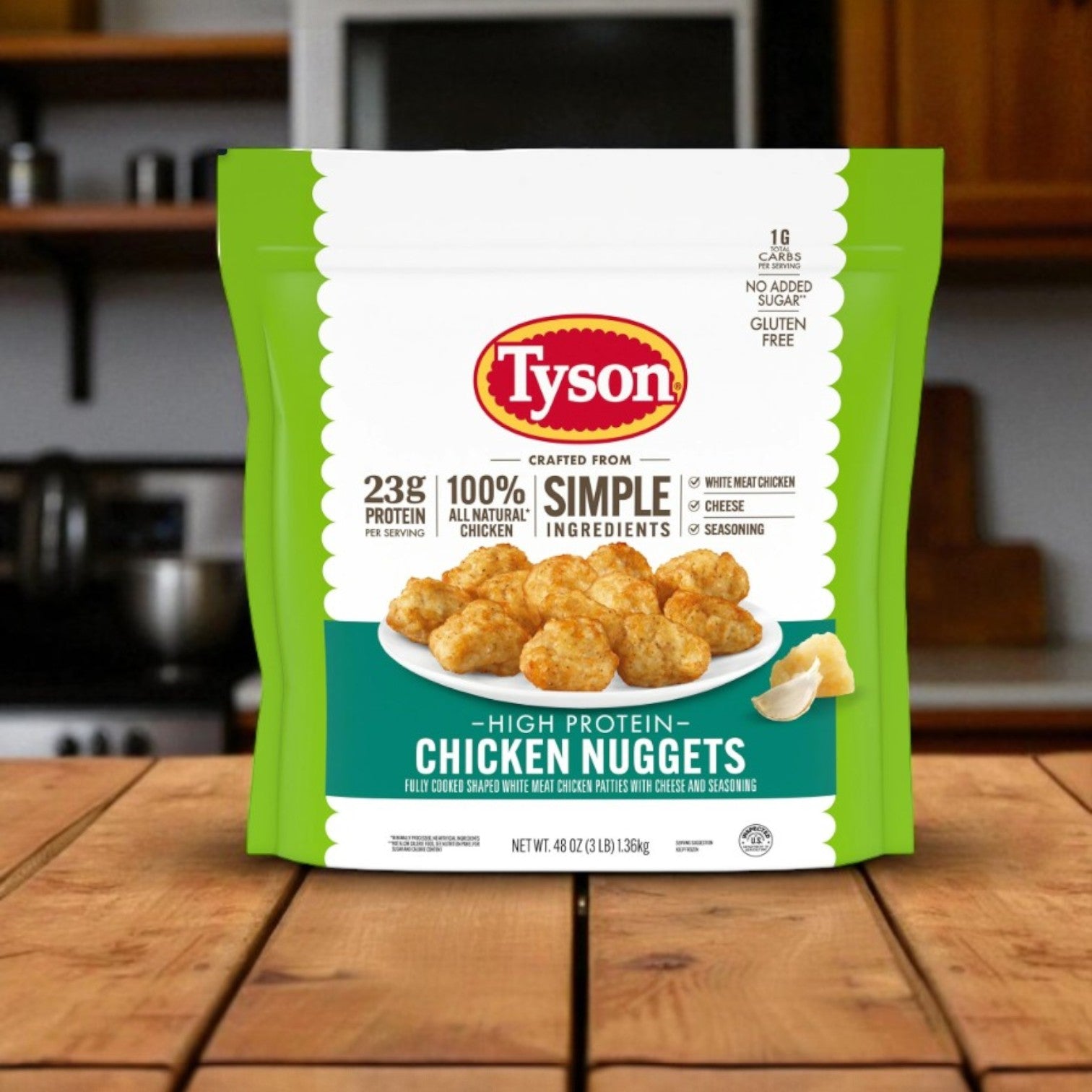 A 3 lb bag of Tyson Simple Ingredient Chicken Nuggets rests on a wooden kitchen counter, with the Tyson brand and nutritional details clearly visible on the frozen product’s packaging.