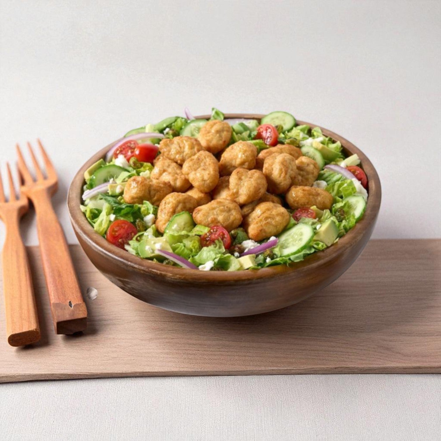 A wooden bowl of salad with lettuce, cherry tomatoes, cucumbers, red onion, and Tyson Simple Ingredient Chicken Nuggets sits on a wooden board with a fork and knife beside it.