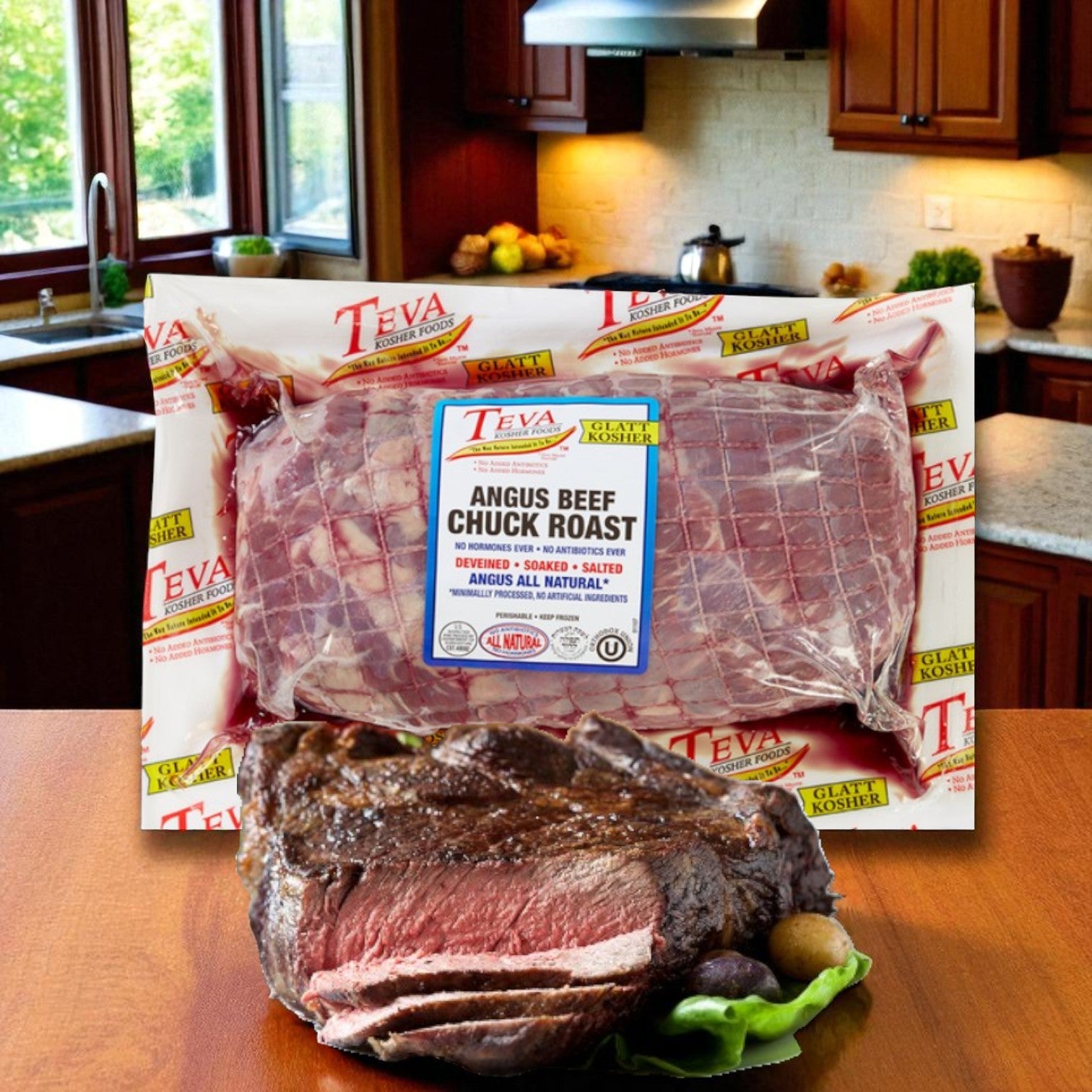 Teva Kosher Foods Glatt Kosher Angus Beef Chuck Roast, 3.5 Ib- 1 Case