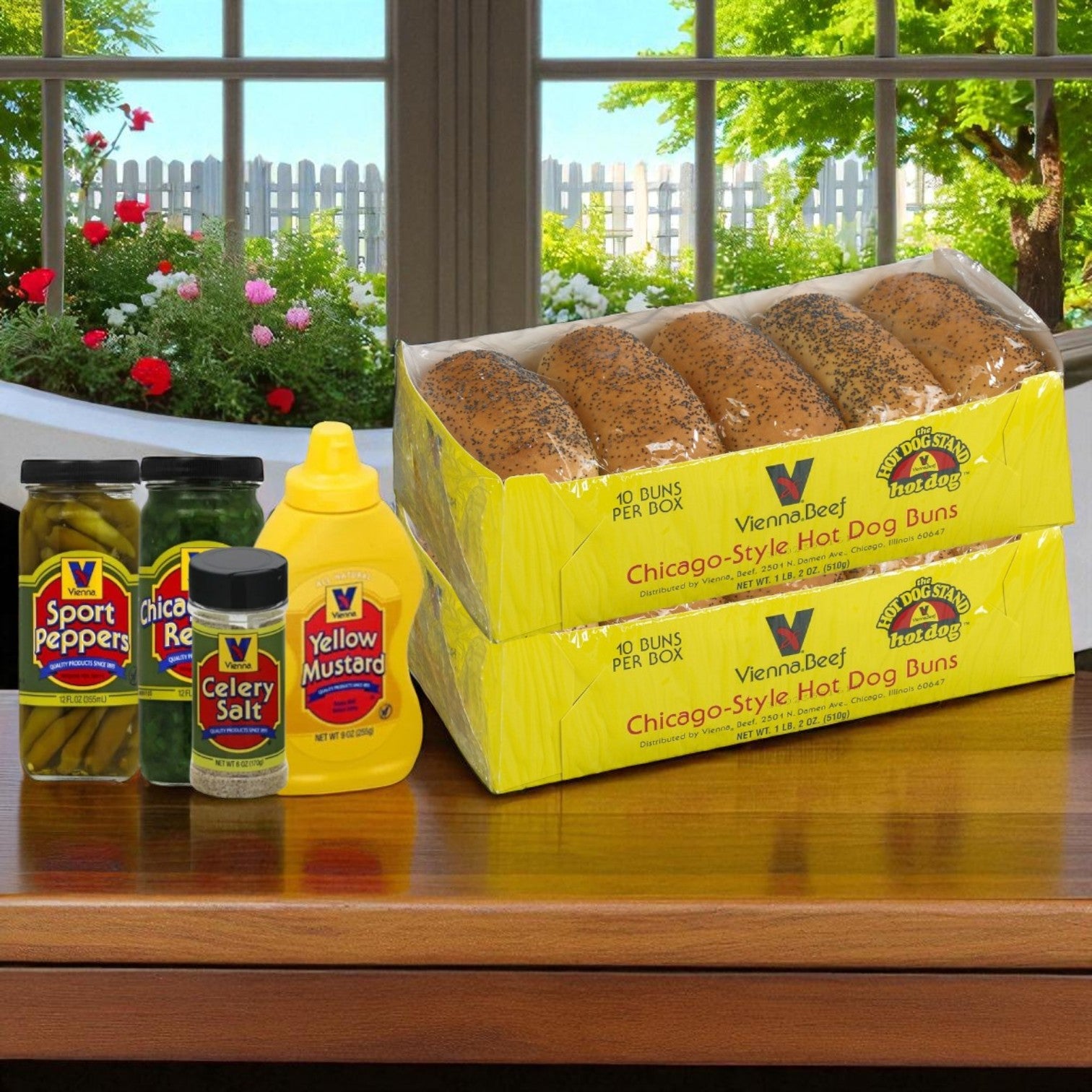 The Vienna Beef Chicago-Style Hot Dog Complete Kit includes buns, yellow mustard, celery salt, sport peppers, and relish—everything you need for classic hot dogs or Polish sausages. All items are from Vienna Beef and perfect for authentic flavor!.