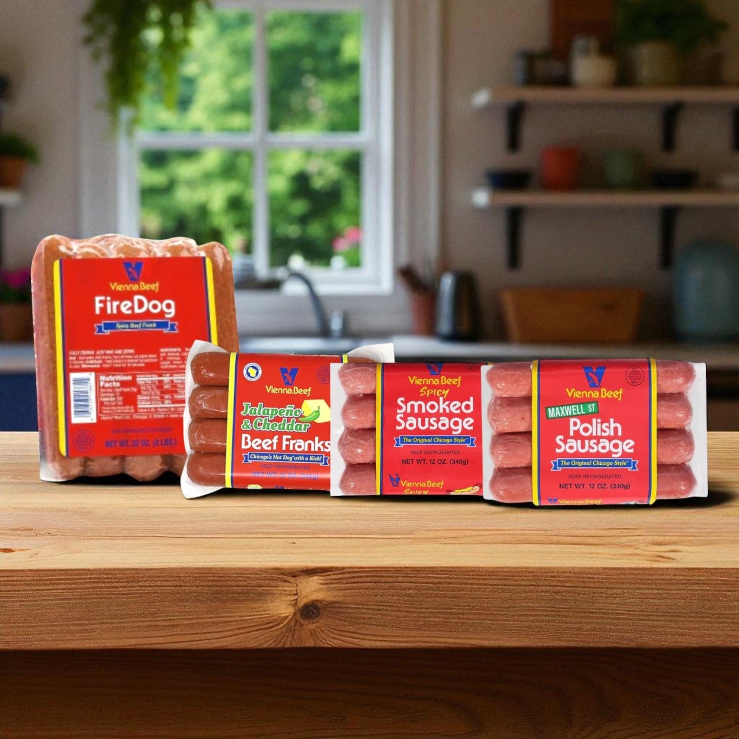 The Chicago-Style Vienna Beef Hot Dog Complete Kit by Vienna Beef is displayed on a wooden countertop in a kitchen, featuring sausages and classic toppings.