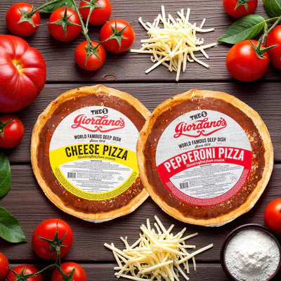 Giordano's Pepperoni and Cheese Deep Dish Pizza with Hot Marconi Giardiniera from Chicago's Best – Iconic Eats from the Windy City, served with shredded cheese, tomatoes, and basil for an authentic Chicago deep dish experience.