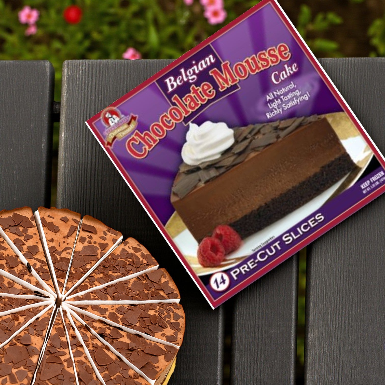 The Easy Lunches Frozen Chef’s Quality Belgian Chocolate Mousse Cake (10", 14 slices) is a delicious frozen dessert, pre-sliced and pictured next to its purple packaging showing the cake image and product details.
