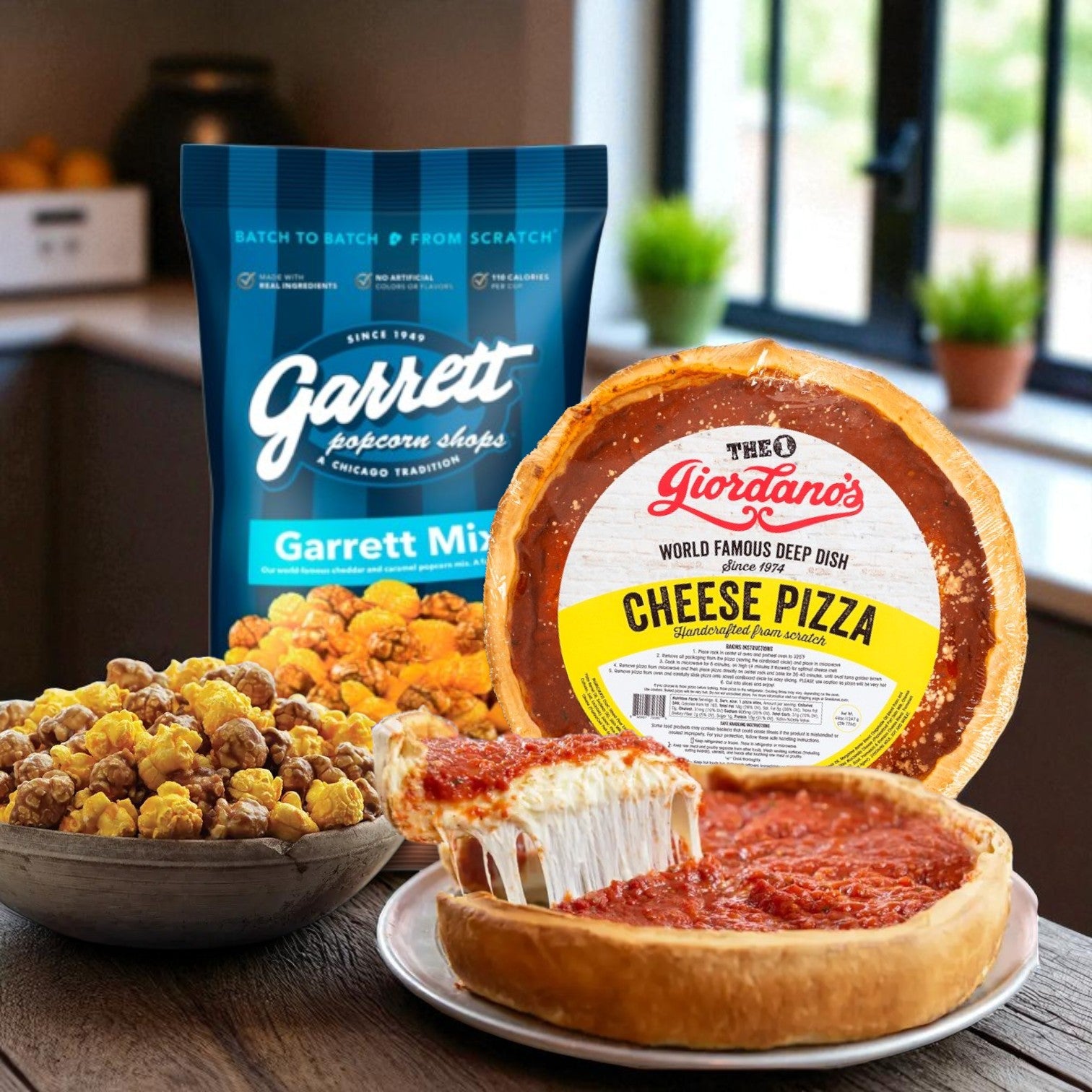 Chicago's 2 Pack Combo! Giordano's Stuffed Cheese Pizza and Garrett Popcorn Mix!
