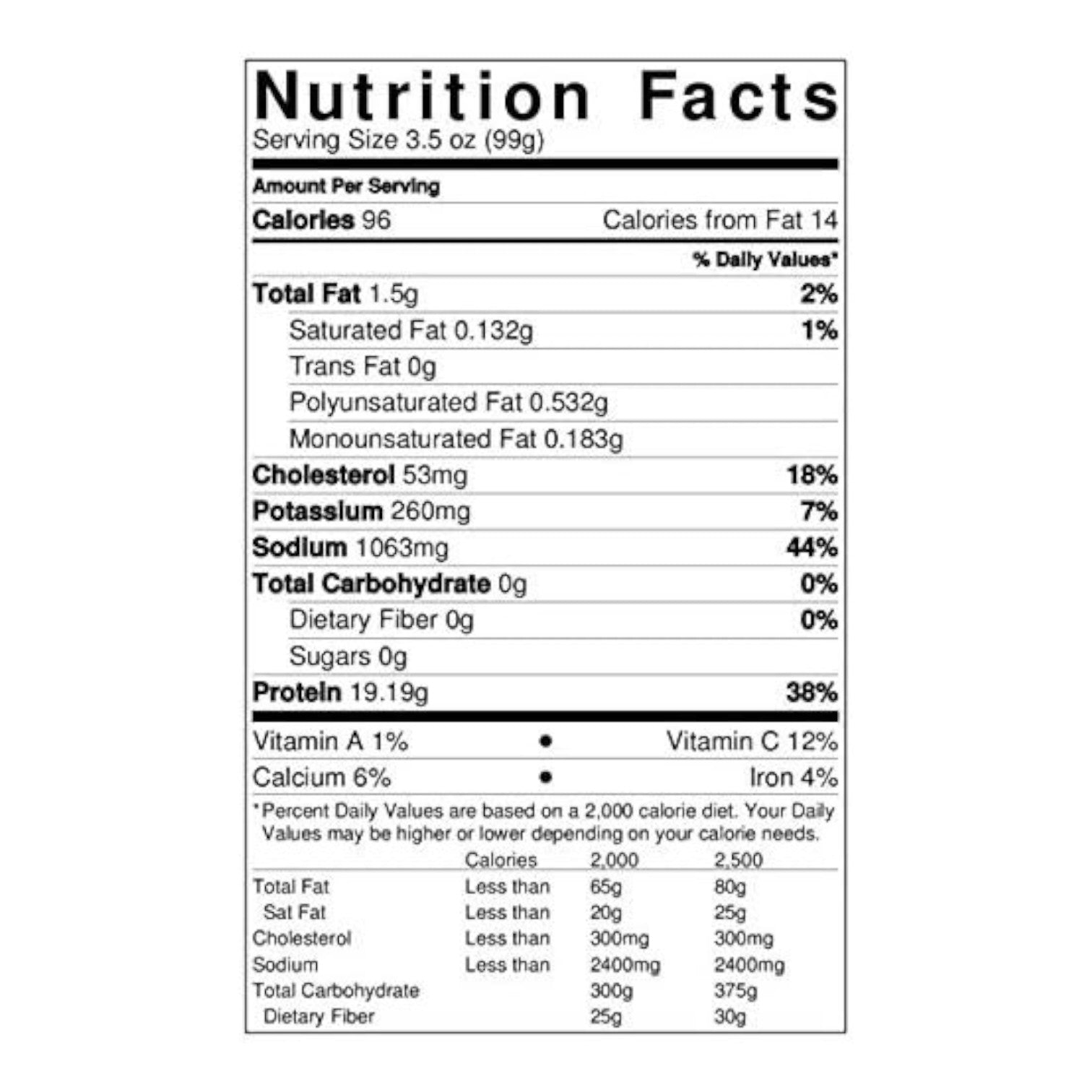 A black and white nutrition facts label emphasizes the premium quality of Keyport Golden Alaskan King Crabs, detailing calories, fats, cholesterol, sodium, carbs, protein, and vitamins per 3.5 oz (99g) serving from sustainable sources in a 1-pound pack by Keyport.