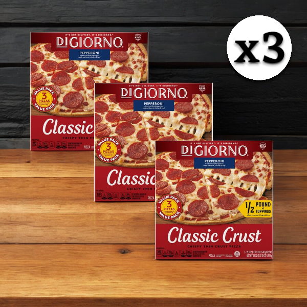 Three boxes of Easy Lunches DiGiorno Pepperoni Crispy Thin Crust Pizza, 19.3 oz. - 3 Count Pack, are displayed against a wooden background with a label indicating a total of nine pizzas. The image showcases the irresistibly melted cheese and perfectly crispy thin crust that make these pizzas a must-have.