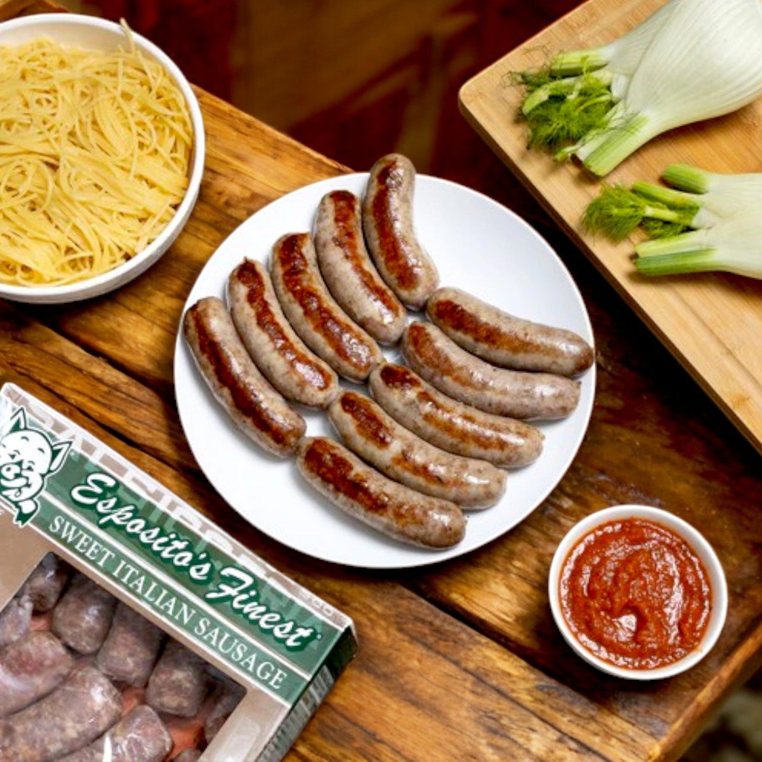 A plate of grilled sausages rests on a wooden table, surrounded by uncooked pasta, marinara sauce, fennel bulbs, and Esposito's Finest Quality Sweet Italian Sausage. These packaged delights promise authentic Italian flavor with premium ingredients.